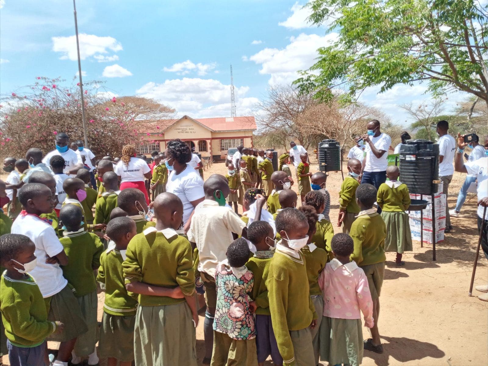 Pupils taking part in a hand-hygiene day at their primary school